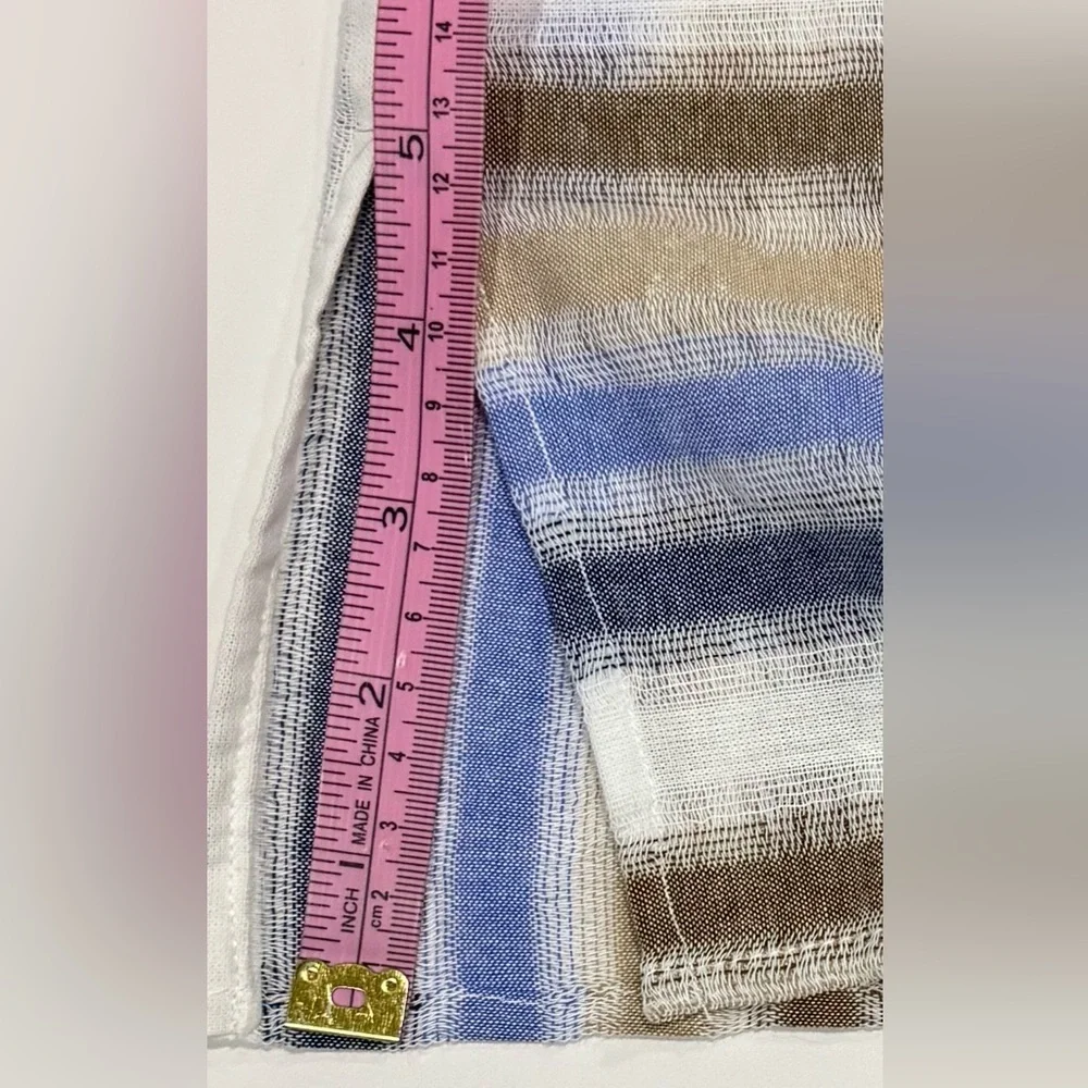 Striped Cotton Top Blue Tan Button Shoulder Relaxed Casual Blouse L